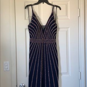 Xscape navy and rose gold beaded gown.